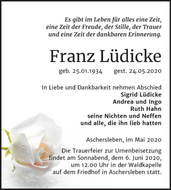 Traueranzeige von Franz Lüdicke von Mitteldeutsche Zeitung Aschersleben