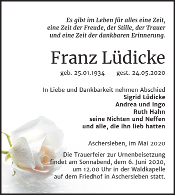 Traueranzeige von Franz Lüdicke von Super Sonntag Aschersleben