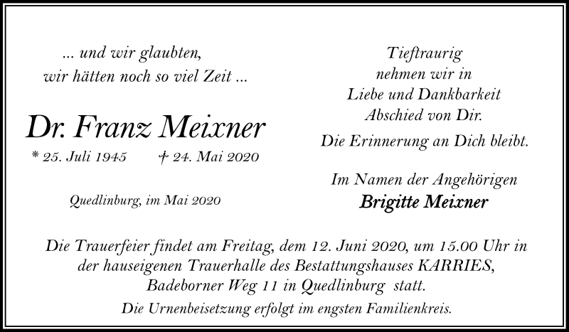  Traueranzeige für Franz Meixner vom 30.05.2020 aus Super Sonntag Quedlinburg