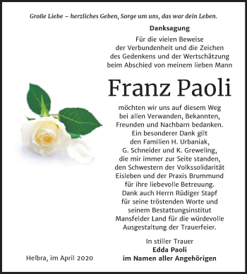 Traueranzeige von Franz Paoli von Mitteldeutsche Zeitung Mansfelder Land