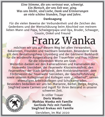 Traueranzeige von Franz Wanka von Super Sonntag Mansfelder Land