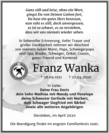 Traueranzeige von Franz Wanka von Mitteldeutsche Zeitung Mansfelder Land