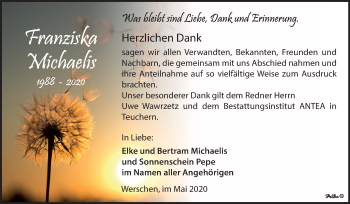 Traueranzeige von Franziska Michaelis von Super Sonntag Weißenfels