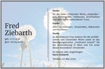 Traueranzeige von Fred Ziebarth von Super Sonntag Wittenberg