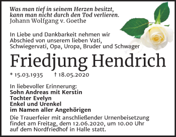 Traueranzeige von Friedjung Hendrich von Mitteldeutsche Zeitung Halle/Saalkreis