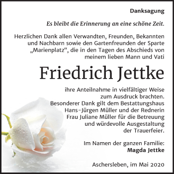 Traueranzeige von Friedrich Jettke von Super Sonntag Aschersleben