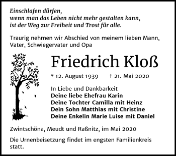 Traueranzeige von Friedrich Kloß von Super Sonntag Zeitz