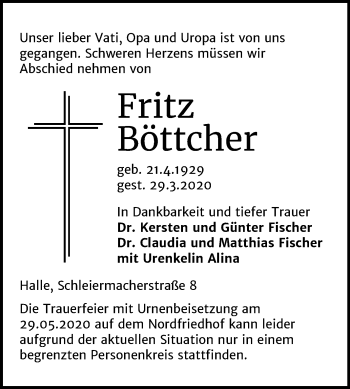 Traueranzeige von Fritz Böttcher von Mitteldeutsche Zeitung Halle/Saalkreis