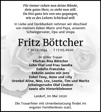Traueranzeige von Fritz Böttcher von Mitteldeutsche Zeitung Bernburg