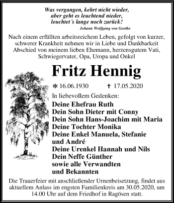 Traueranzeige von Fritz Hennig von Super Sonntag Wittenberg
