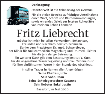 Traueranzeige von Fritz Liebrecht von Super Sonntag Köthen