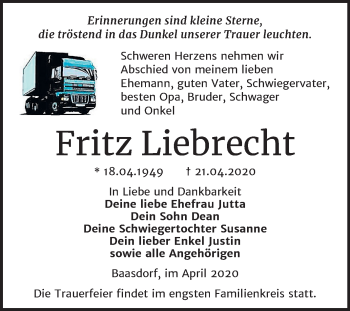 Traueranzeige von Fritz Liebrecht von Mitteldeutsche Zeitung Köthen