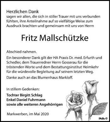 Traueranzeige von Fritz Mallschützke von Super Sonntag Naumburg/Nebra