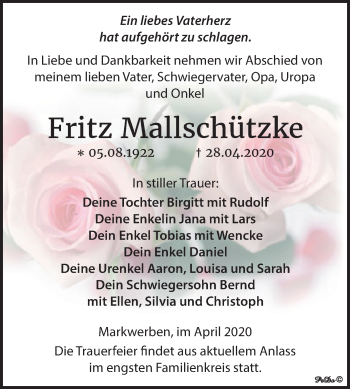 Traueranzeige von Fritz Mallschützke von Super Sonntag Naumburg/Nebra