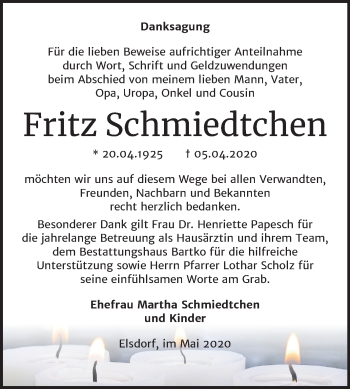 Traueranzeige von Fritz Schmiedtchen von Super Sonntag Köthen