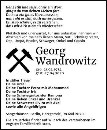 Traueranzeige von Georg Wandrowitz von Mitteldeutsche Zeitung Sangerhausen