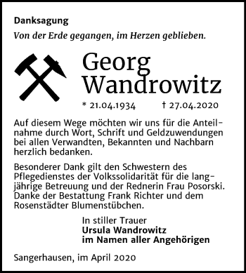 Traueranzeige von Georg Wandrowitz von Super Sonntag Sangerhausen