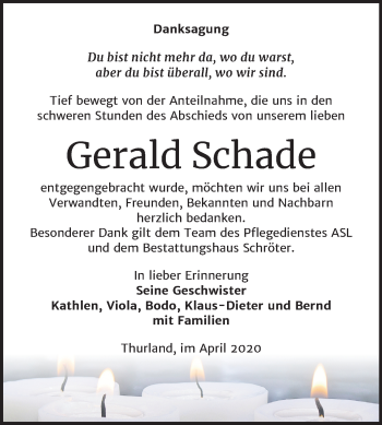 Traueranzeige von Gerald Schade von Mitteldeutsche Zeitung Bitterfeld