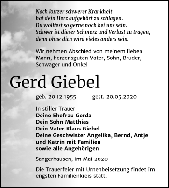 Traueranzeige von Gerd Giebel von Super Sonntag Sangerhausen