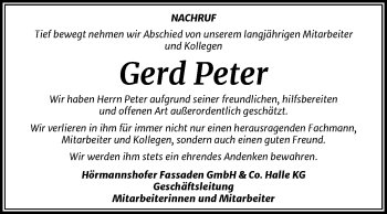 Traueranzeige von Gerd Peter von Mitteldeutsche Zeitung Halle/Saalkreis