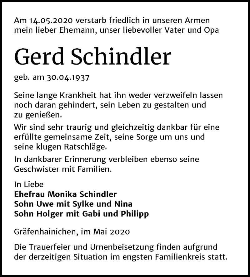  Traueranzeige für Gerd Schindler vom 23.05.2020 aus Mitteldeutsche Zeitung Wittenberg