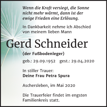 Traueranzeige von Gerd Schneider von Mitteldeutsche Zeitung Aschersleben