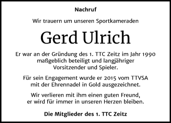 Traueranzeige von Gerd Ulrich von Mitteldeutsche Zeitung Zeitz