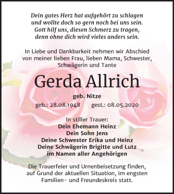 Traueranzeige von Gerda Allrich von Mitteldeutsche Zeitung Wittenberg