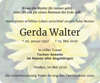 Traueranzeige von Gerda Walter von Super Sonntag Zeitz
