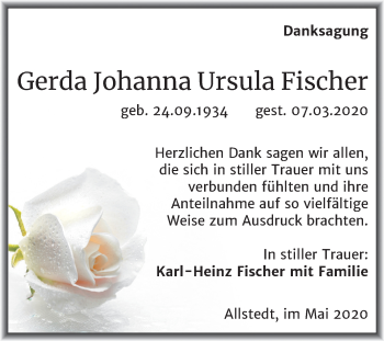 Traueranzeige von Gerda Johanna Ursula Fischer von Mitteldeutsche Zeitung Sangerhausen