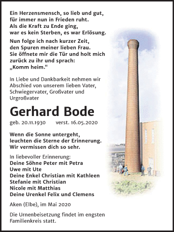 Traueranzeige von Gerhard Bode von Super Sonntag Köthen