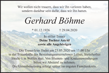 Traueranzeige von Gerhard Böhme von Mitteldeutsche Zeitung Bitterfeld