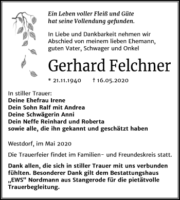 Traueranzeige von Gerhard Felchner von Super Sonntag Aschersleben