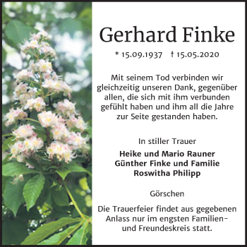Traueranzeige von Gerhard Finke von Mitteldeutsche Zeitung Naumburg/Nebra