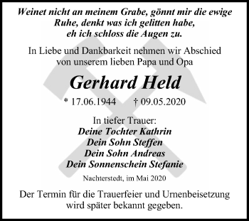 Traueranzeige von Gerhard Held von Super Sonntag Aschersleben