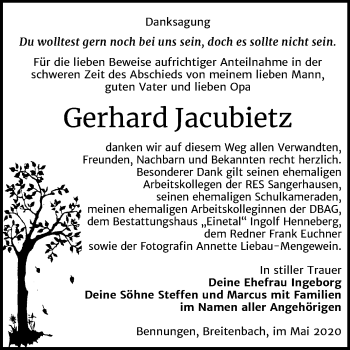 Traueranzeige von Gerhard Jacubietz von Super Sonntag Sangerhausen