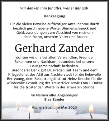 Traueranzeige von Gerhard Zander von Mitteldeutsche Zeitung Aschersleben