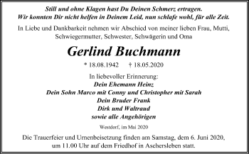 Traueranzeige von Gerlind Buchmann von Wochenspiegel Aschersleben