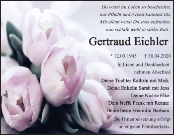 Traueranzeige von Gertraud Eichler von Mitteldeutsche Zeitung Bitterfeld