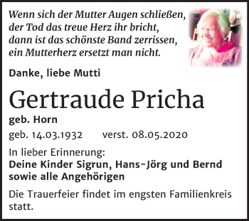 Traueranzeige von Gertraude Pricha von Mitteldeutsche Zeitung Weißenfels
