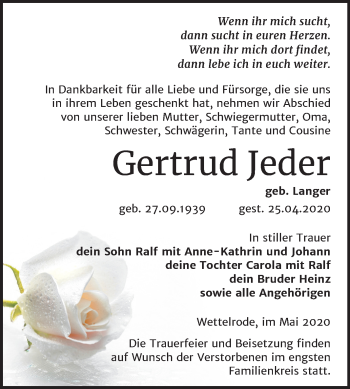 Traueranzeige von Gertrud Jeder von Super Sonntag Sangerhausen