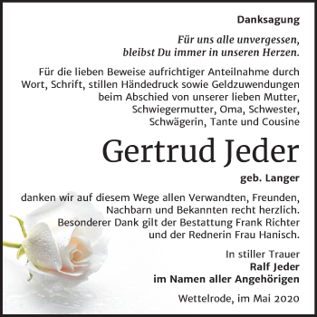 Traueranzeige von Gertrud Jeder von Super Sonntag Sangerhausen