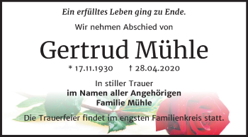 Traueranzeige von Gertrud Mühle von Super Sonntag Dessau-Roßlau