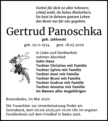 Traueranzeige von Gertrud Panoschka von Mitteldeutsche Zeitung Merseburg/Querfurt