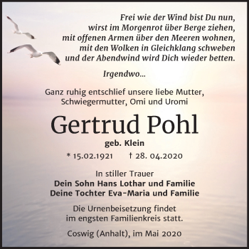 Traueranzeige von Gertrud Pohl von Super Sonntag Wittenberg