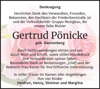 Traueranzeige von Gertrud Pönicke von Mitteldeutsche Zeitung Dessau-Roßlau