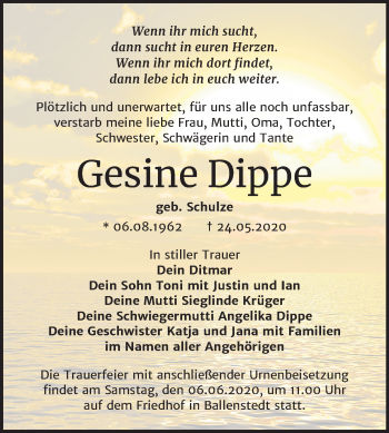 Traueranzeige von Gesine Dippe von Mitteldeutsche Zeitung Quedlinburg
