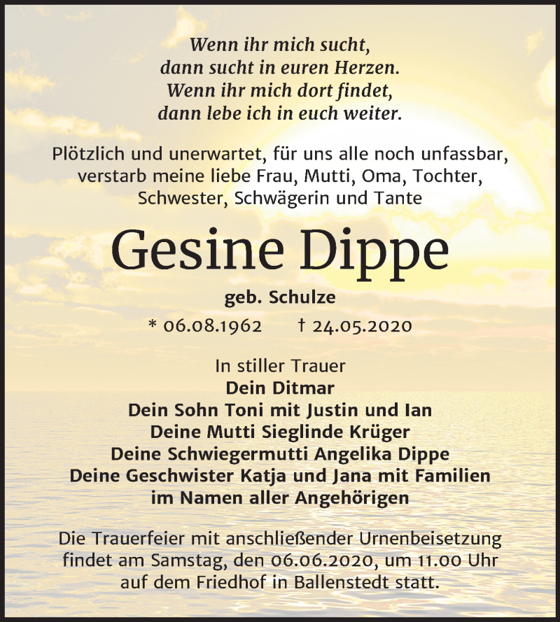  Traueranzeige für Gesine Dippe vom 30.05.2020 aus Super Sonntag Quedlinburg