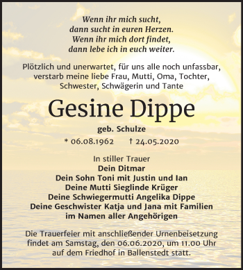Traueranzeige von Gesine Dippe von Super Sonntag Quedlinburg