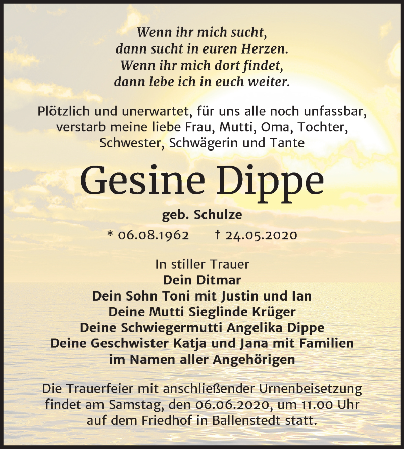  Traueranzeige für Gesine Dippe vom 30.05.2020 aus Mitteldeutsche Zeitung Quedlinburg